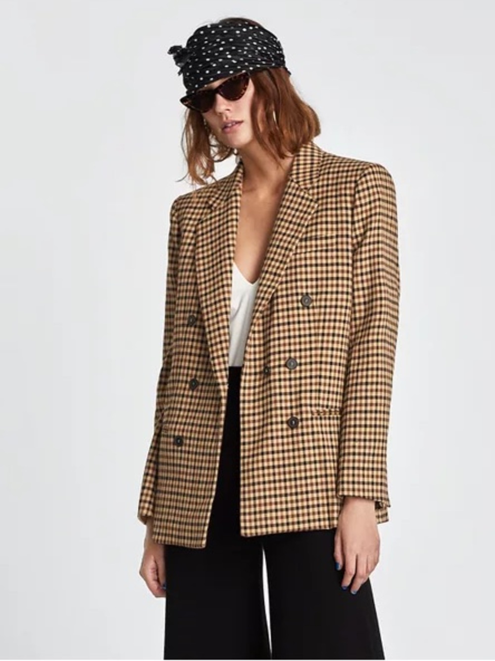 Zara Houndstooth Checked Double-Breasted Blazer Jacket - Camel/Black Size XS